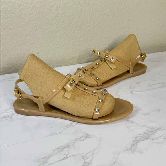 Kate Spade Studded Rhinestone Bow Jelly Sandals Tan Shoes Size 38/7.5 - Picture 1 of 7